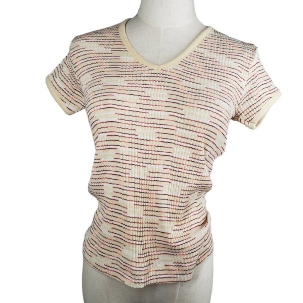 Vintage Miss K Ribbed V-Neck Tee S M Stretch Knit Stripe Beige‎ Top